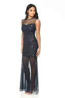 Navy Floor Length Dress With Mesh And Embroidery
