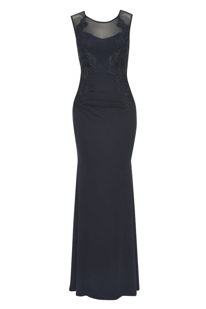 Navy Floor Length Fitted Dress With Lace Detail