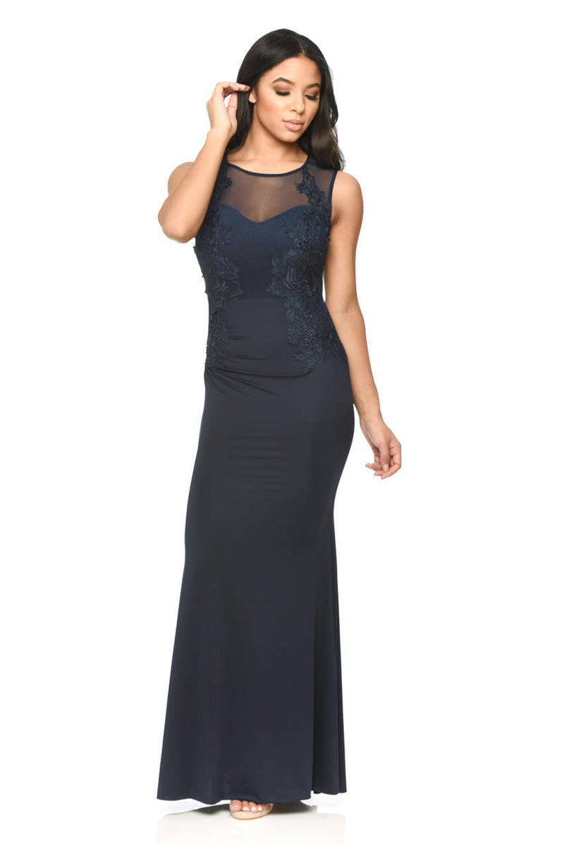 Navy Floor Length Fitted Dress With Lace Detail – AX Paris US