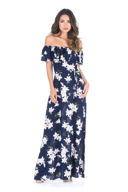 Navy Floral Bardot Printed Maxi Dress