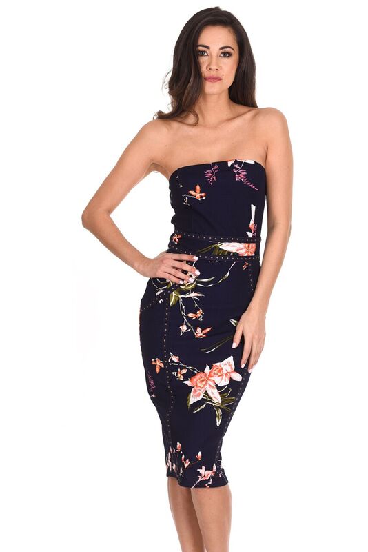 Navy Floral Bandeau Bodycon Midi Dress