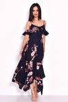 Navy Floral Cold Shoulder Maxi Dress