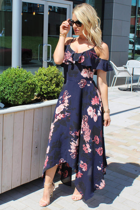 Navy Floral Cold Shoulder Maxi Dress
