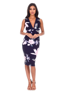 Navy Floral Crochet Detail Midi Dress
