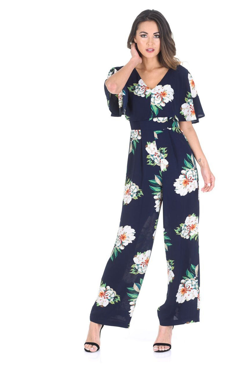 Navy Floral Culotte Jumpsuit With Cape Detail