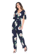 Navy Floral Culotte Jumpsuit With Cape Detail