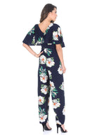 Navy Floral Culotte Jumpsuit With Cape Detail