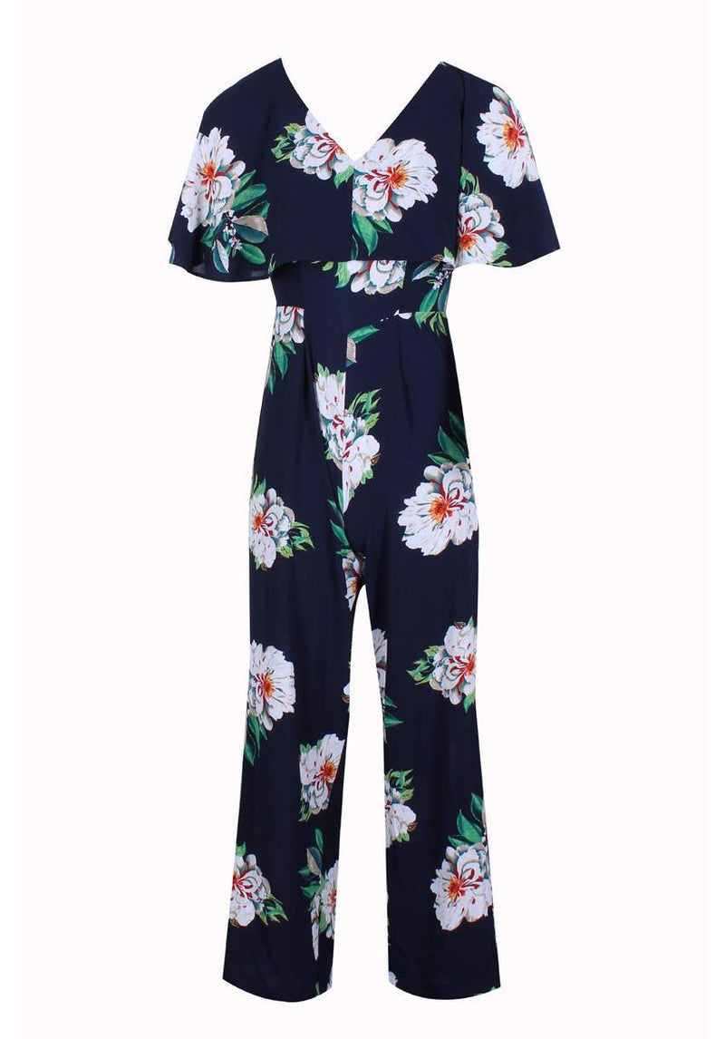 Navy Floral Culotte Jumpsuit With Cape Detail