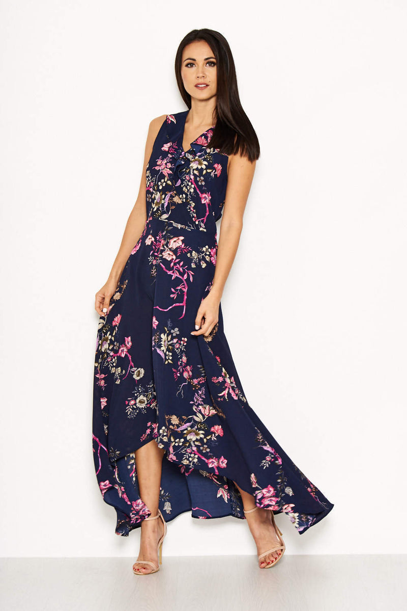 Navy Floral Dip Hem Dress AX Paris US Navy Floral Dip Hem Dress AX Paris US