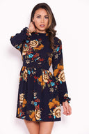 Navy Floral Long Sleeved Frill Detail Dress