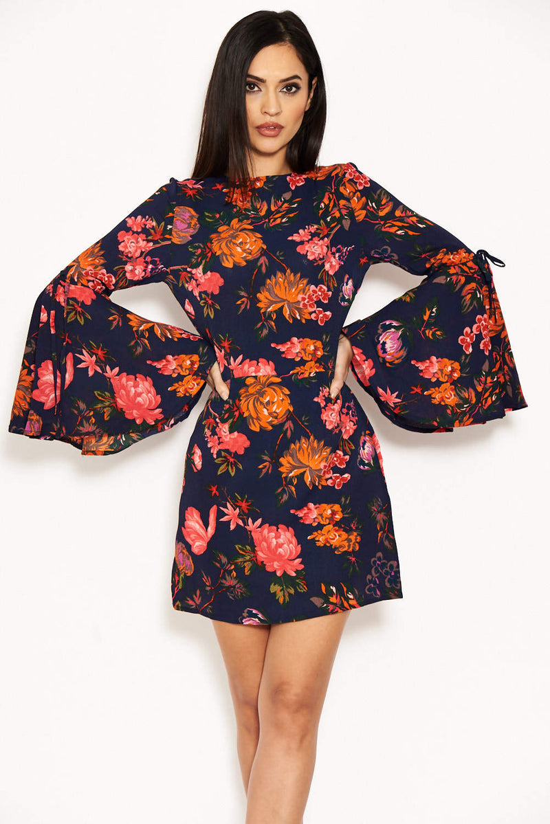 Navy Floral Dress With Statement Sleeves