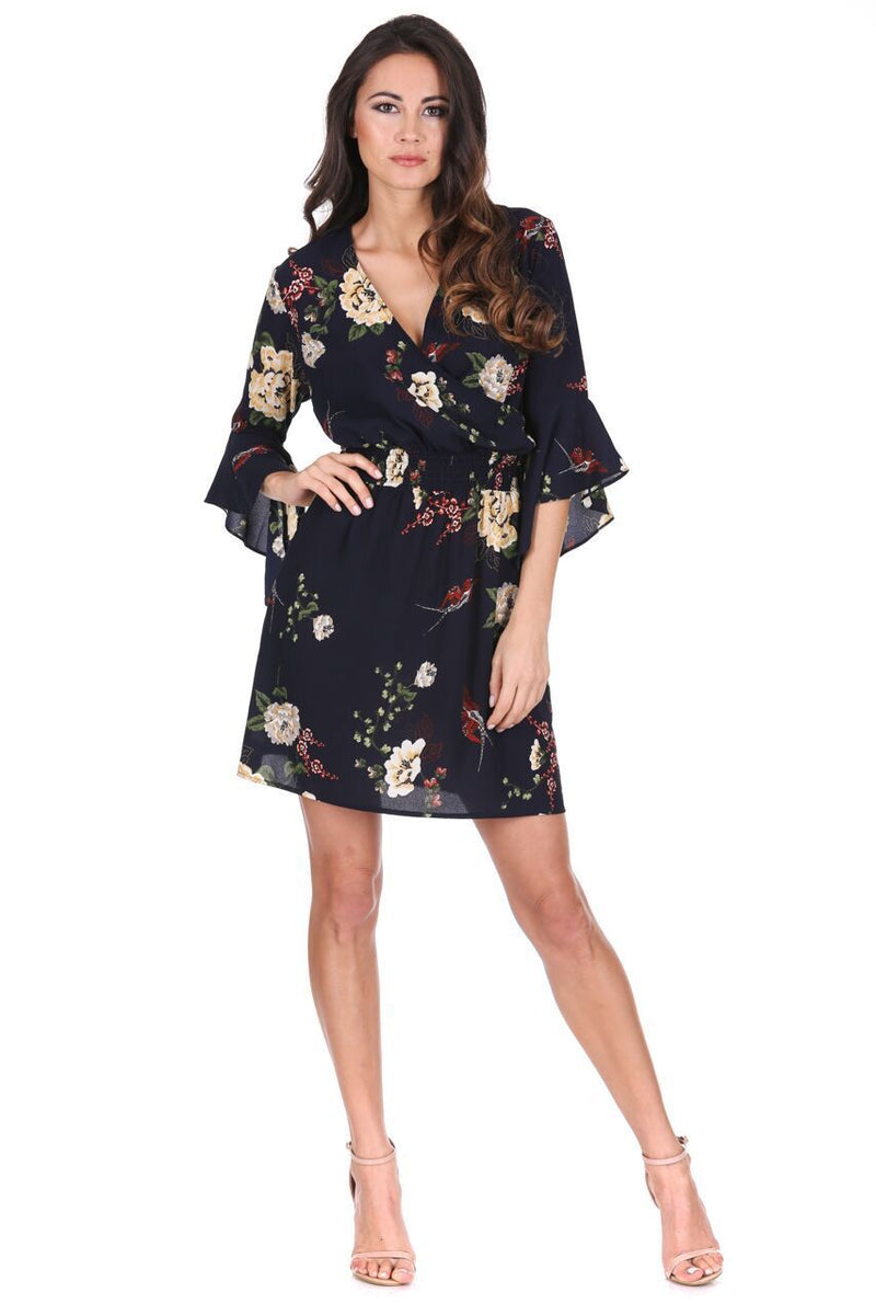 Navy Floral Elasticated Waist Dress