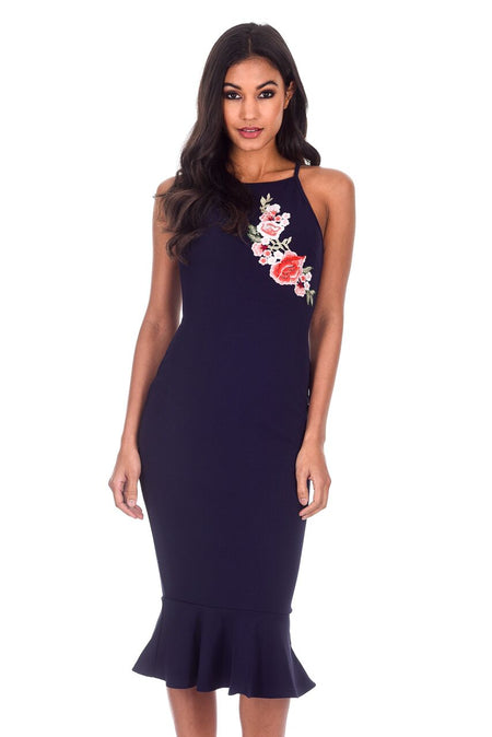 Navy Floral Embroidered Midi Dress