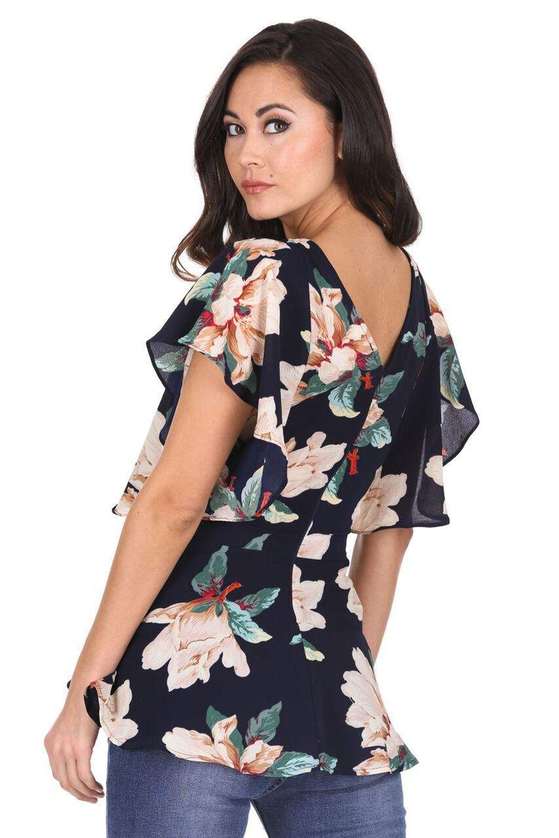 Navy Bold Floral Frill Detail Top