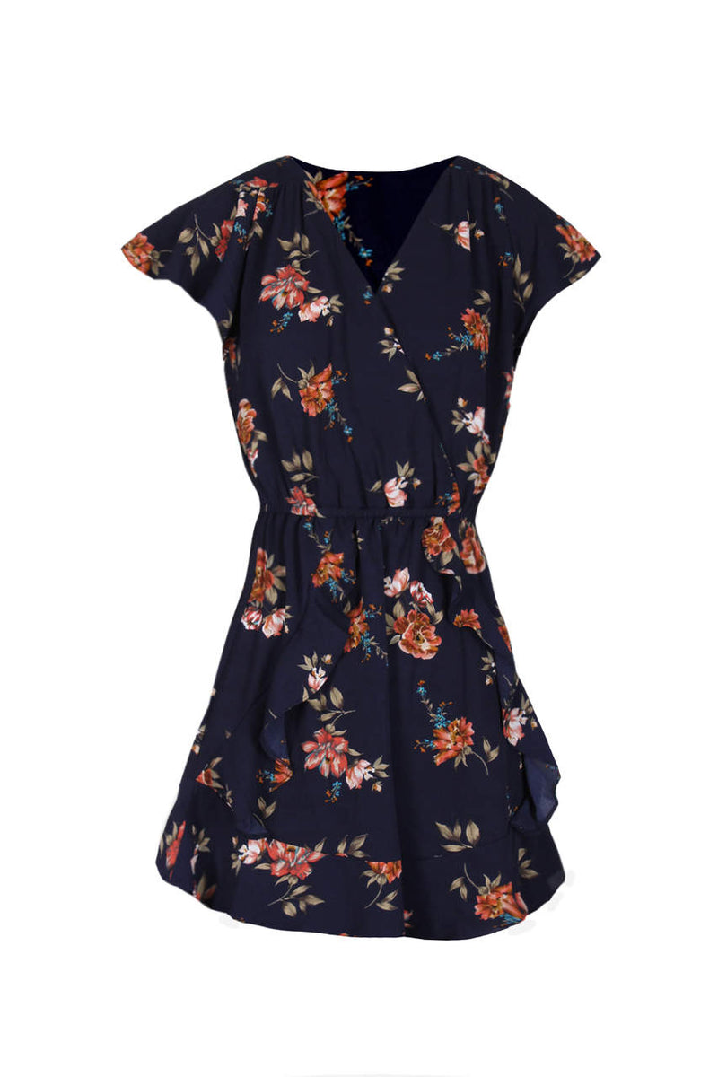 Navy Floral Frill Detail Dress