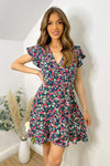 Navy Floral Frill Wrap Skater Dress