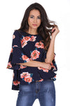 Navy Floral Frilled Sleeved Top