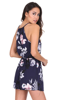 Navy Floral High Neck Strappy Playsuit