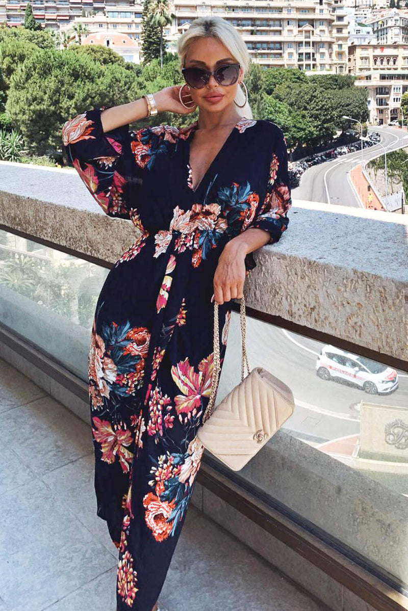 Navy Floral Kimono Sleeve Maxi Dress – AX Paris US Navy Floral Kimono Sleeve Maxi Dress – AX Paris US