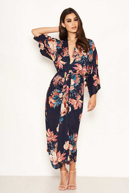Navy Floral Kimono Sleeve Maxi Dress