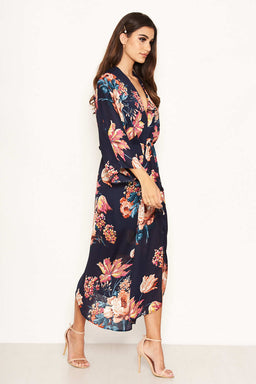 Navy Floral Kimono Sleeve Maxi Dress