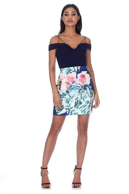 Navy Floral Print Bodycon Dress