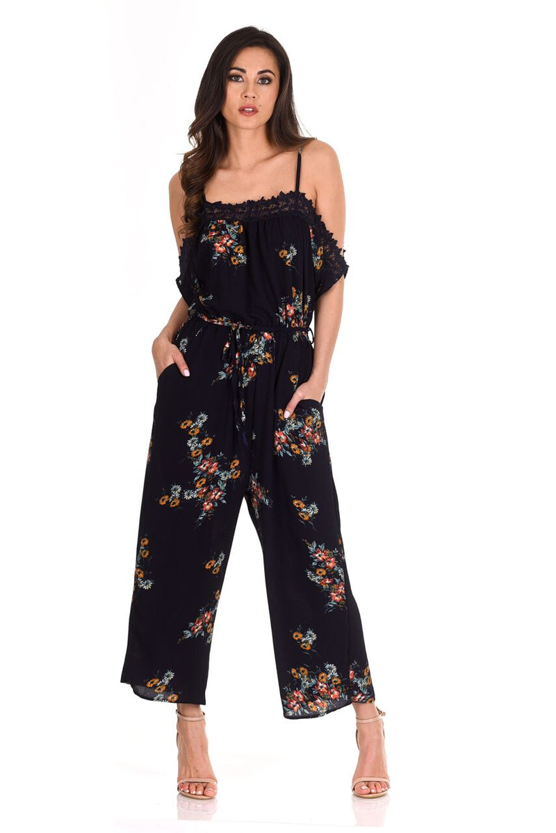 Navy Floral Print Crochet Detail Jumpsuit