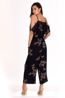 Navy Floral Print Crochet Detail Jumpsuit