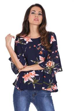 Navy Floral Print Flared Blouse