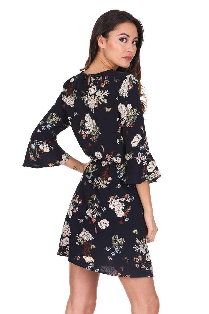 Navy Floral Print Frill Sleeve Dress