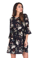 Navy Floral Print Frill Sleeve Dress