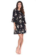 Navy Floral Print Frill Sleeve Dress