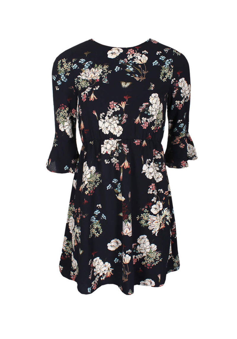 Navy Floral Print Frill Sleeve Dress