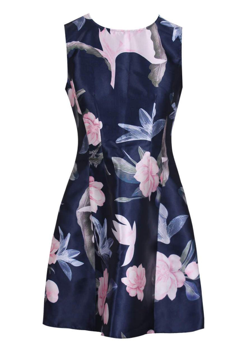 Navy Floral Print Mini Skater Dress