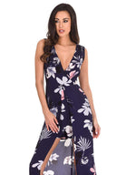 Navy Floral Print Wrap Skirt Playsuit