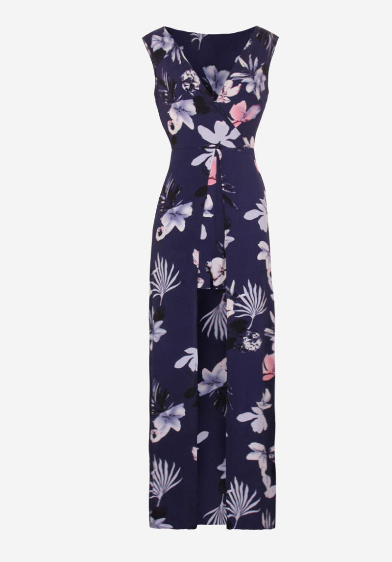 Navy Floral Print Wrap Skirt Playsuit