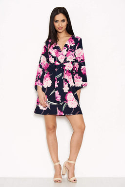 Navy Floral Print Wrap-Style Dress