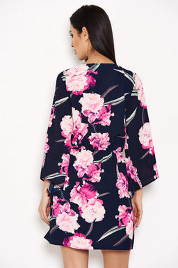 Navy Floral Print Wrap-Style Dress
