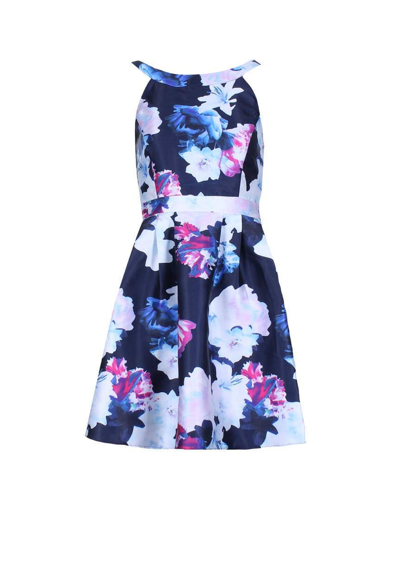 Navy Floral Printed Skater Dress With Elasticated Back