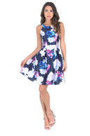 Navy Floral Printed Skater Dress With Elasticated Back