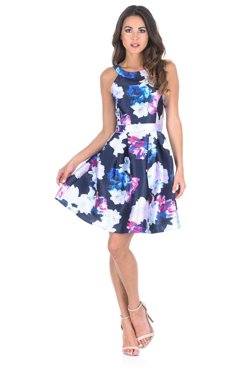 Navy Floral Printed Skater Dress With Elasticated Back