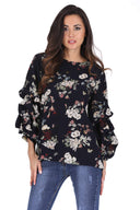 Navy Floral Ruched Sleeved Top