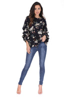 Navy Floral Ruched Sleeved Top