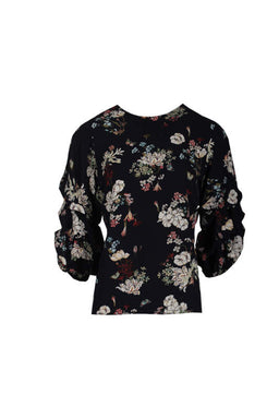Navy Floral Ruched Sleeved Top
