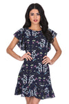 Navy Floral Frill Sleeve Dress