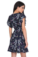 Navy Floral Frill Sleeve Dress