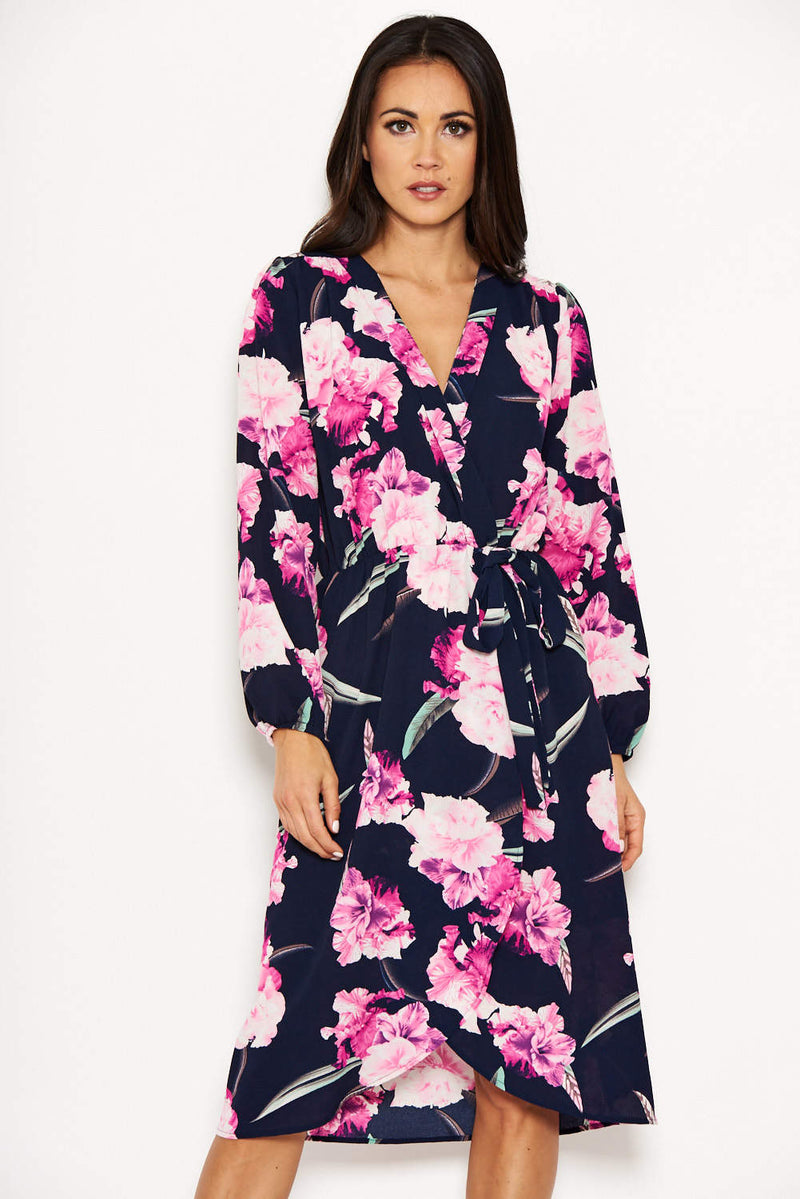 Navy Floral Wrap-Over Dress