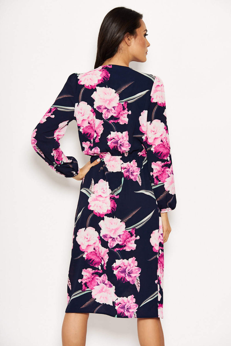 Navy Floral Wrap-Over Dress