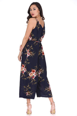 Navy Floral Culotte V Neck Jumpsuit