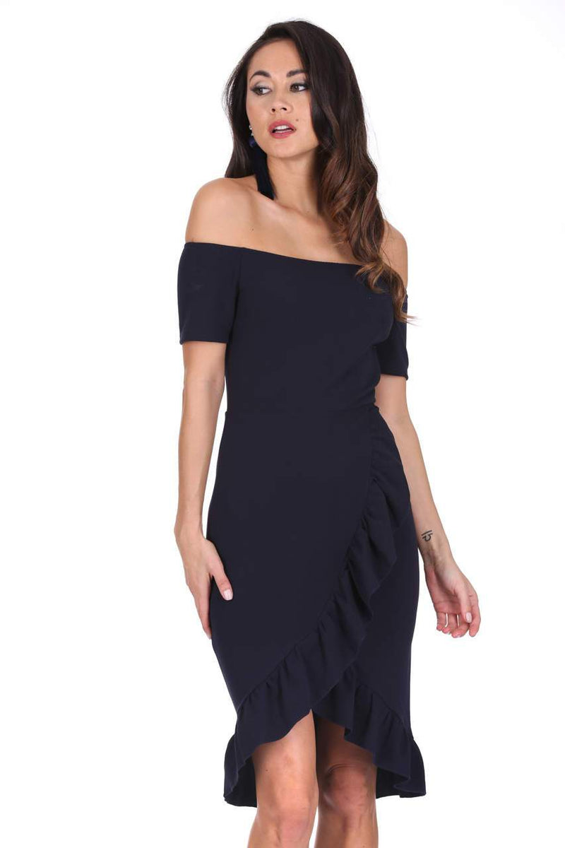 Navy Off The Shoulder Frill Detail Bodycon Dress